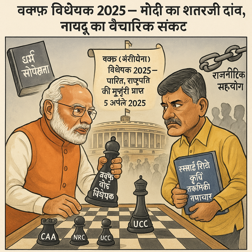 नरेंद्र मोदी का सबसे बड़ा जुआ – वक्फ बोर्ड विधेयक: अपने सहयोगियों को निष्क्रिय करने का एक उपकरण। आंध्र प्रदेश के मुख्यमंत्री एन. चंद्रबाबू नायडू ने स्वयं को लंबे समय से एक विकासोन्मुख राजनेता के रूप में प्रस्तुत किया है, जो अक्सर धर्मनिरपेक्ष शासन का प्रदर्शन करते हैं, साथ ही विभिन्न वैचारिक समूहों के साथ गठबंधन भी बनाए रखते हैं। उनके द्वारा वक्फ (संशोधन) विधेयक 2025 का समर्थन, जिसे संसद के दोनों सदनों ने पारित किया और जिसे 5 अप्रैल 2025 को राष्ट्रपति की मंजूरी मिल गई, ने एक नई बहस को जन्म दिया है।