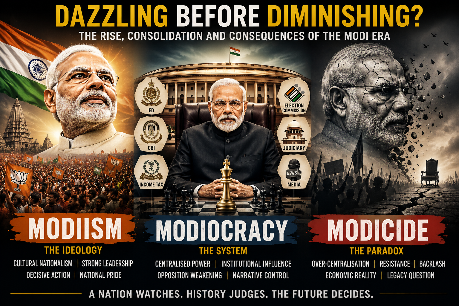 यह शासन दर्शन में एक संरचनात्मक बदलाव का अनुभव कर रहा है। मोदीवाद वैचारिक दिशा प्रदान करता है। मोदीतन्त्र संस्थागत ढांचे का निर्माण करता है। मोदीवाद मोदी की विस्तारवादी प्रवृत्ति की रीढ़ बनी हुई है, जिसमें क्षेत्रीय शक्तियों, नेताओं और पार्टियों को व्यवस्थित रूप से खत्म करना और कांग्रेस नेताओं को हड़पना केवल राहुल गांधी के नेतृत्व को कमजोर करना है, जो मोदी का एकमात्र लक्ष्य है।